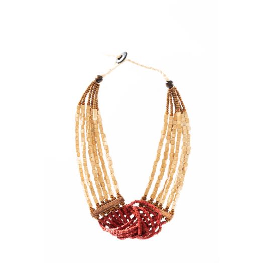Colar com Nó Madeira Cor:Bege e Vermelho 1